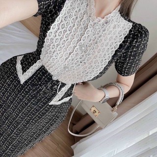 Đầm midi dạ bố phối cổ ren