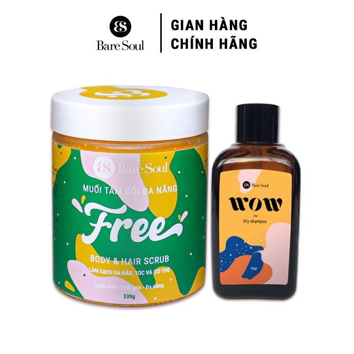 Combo giảm bết, gàu, làm phồng tóc, hỗ trợ mọc tóc BareSoul FREE Body & Hair Scrub 330g + WOW dry shampoo 50g