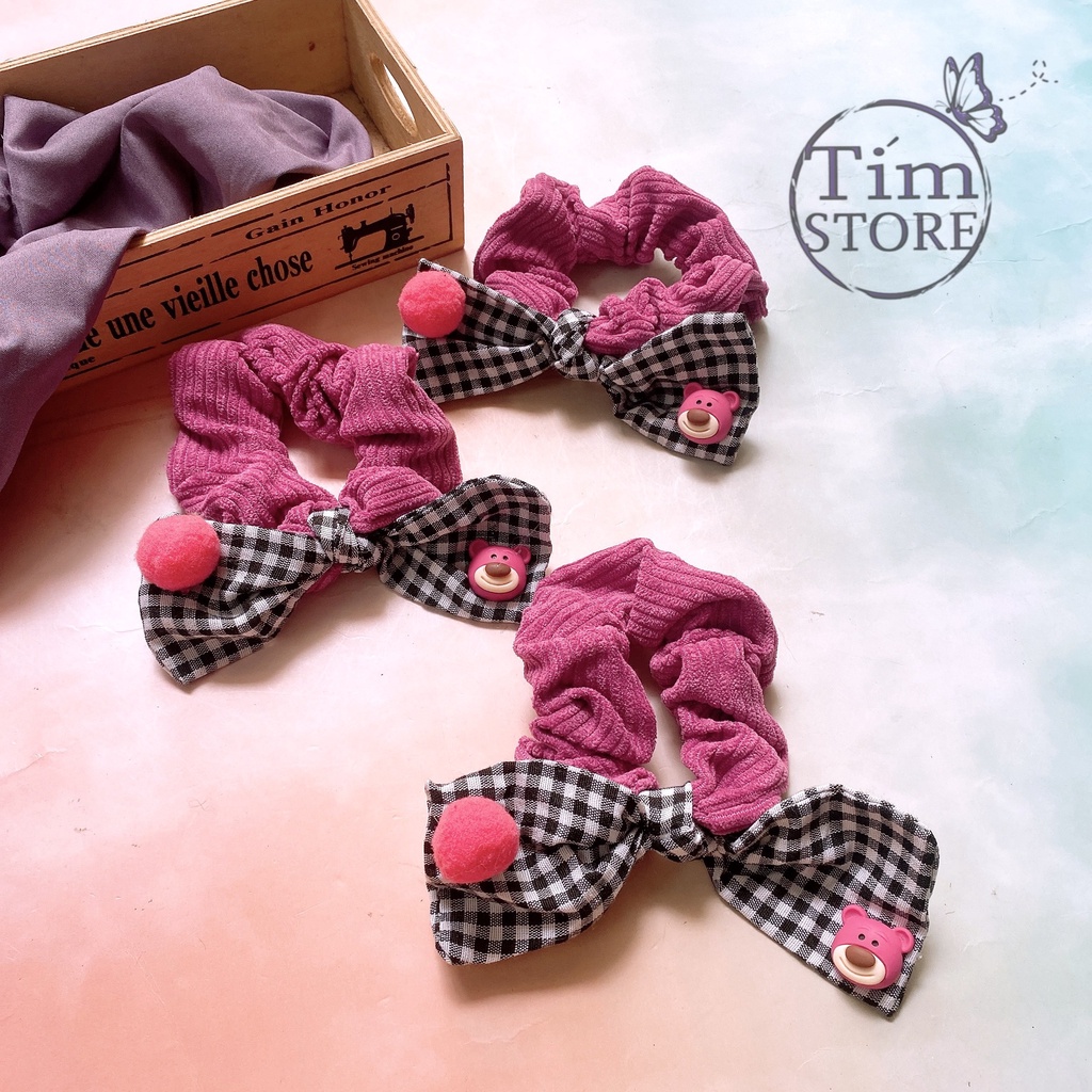 Cột tóc nơ caro gấu dâu lotso losto TIMSTORE phụ kiện buộc tóc dễ thương
