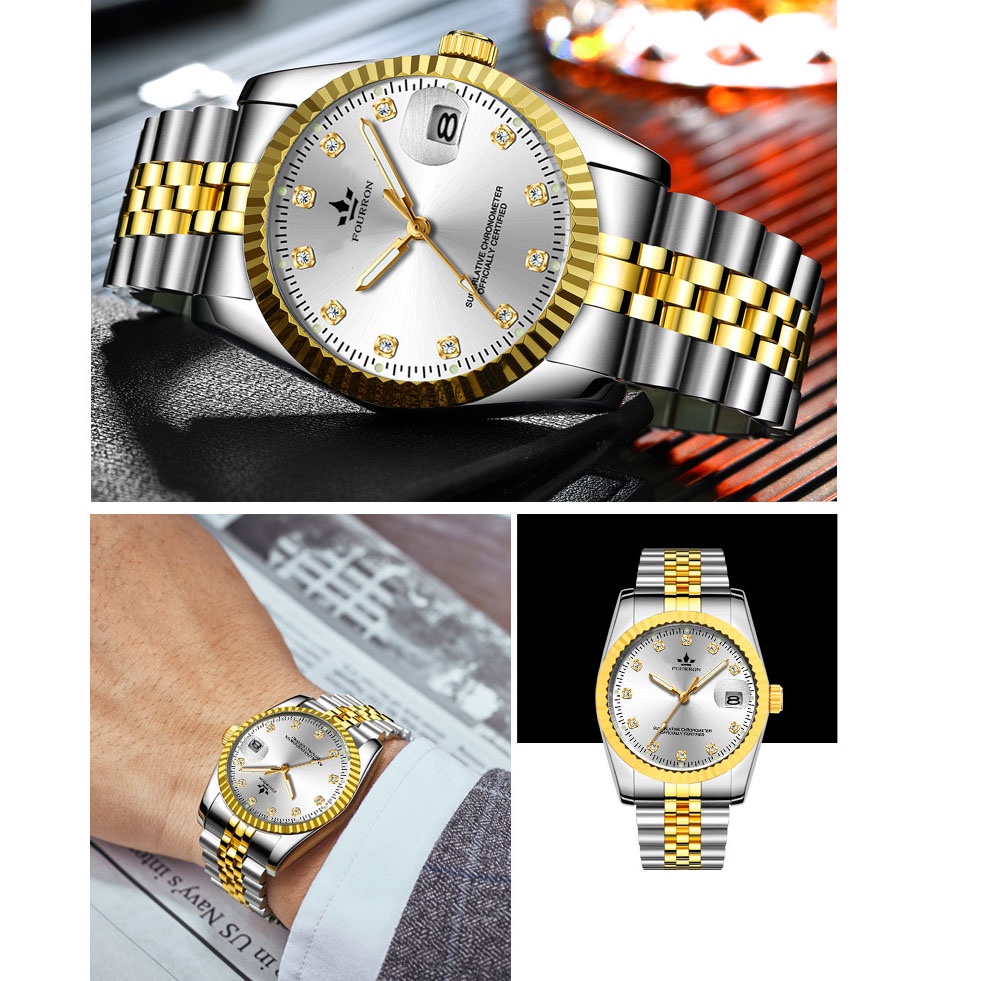 Đồng Hồ Nam FOURRON F723ff  Mặt số Đính Đá thiết kế sang trọng chống nước 3ATM Doanh Nhân Dây Thép KhôngGỉ