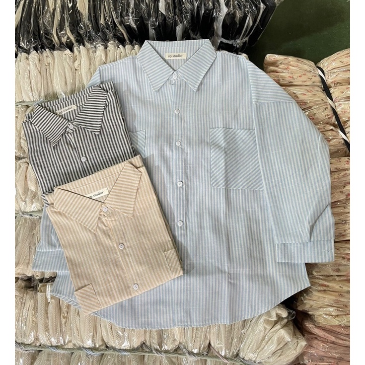 Áo sơmi kẻ sọc dài tay dáng unisex chất cotton hàng chuẩn l1