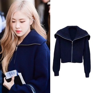 Áo khoác len cổ bẻ màu xanh navy giống Rosé Blackpink và Sana Twice