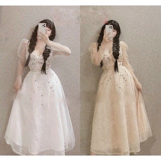ĐẦM XOÈ REN MI TAY DÀI KẾT LÁ ME