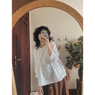 (Sẵn) Áo kiểu phong cách boho trắng hoa nhí vải đũi dáng rộng trùm mông (ảnh thật tự chụp)