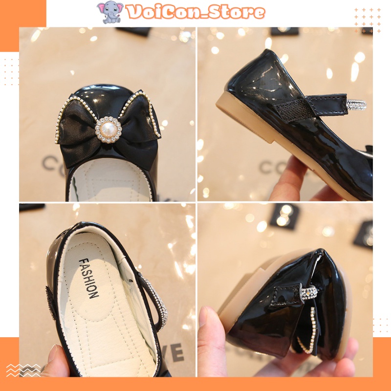 Giày búp bê bé gái, giày công chúa nơ ngọc đính đá xinh xắn cho bé 2-10 tuổi