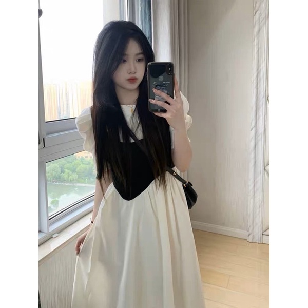 SẴN (Có ảnh thật) Váy thô cổ chéo phối yếm ngực liền thân tay phồng dáng xoè tiểu thư thanh lịch Un.style