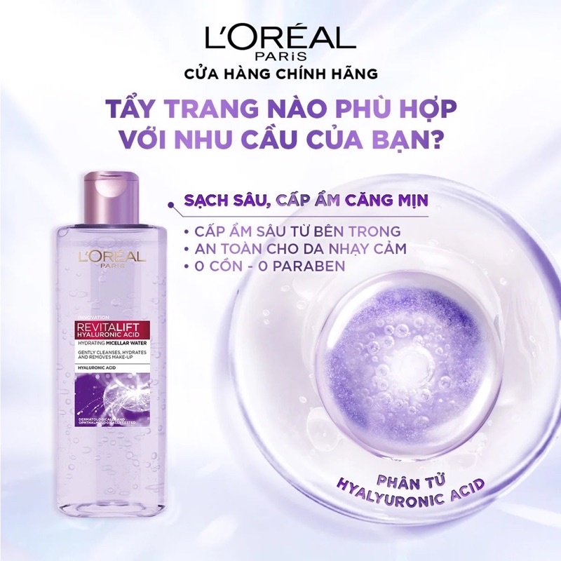 L'OREAL PARIS Nước tẩy trang làm sạch siêu cấp ẩm Revitalift Hyaluronic Acid Micellar Water 95ml