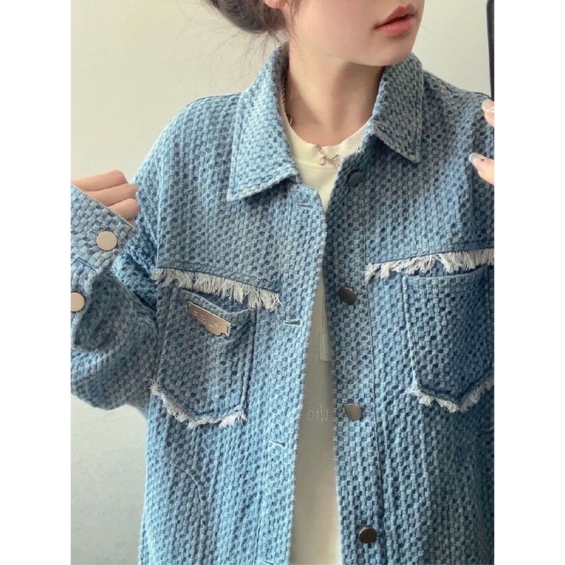 Áo khoác Denim dáng rộng màu xanh mint thêu dệt kim 2023