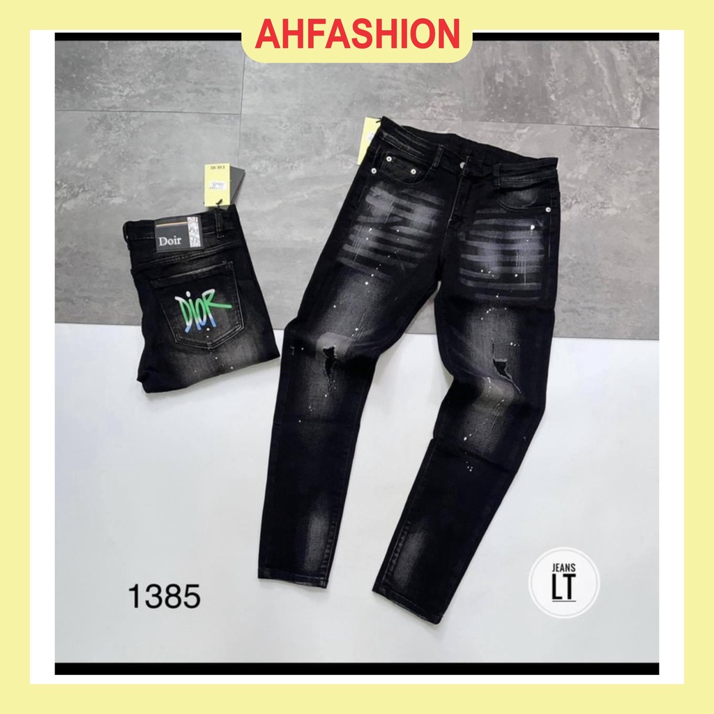 Quần jean nam đen rách chất bò form skinny vải co giãn in họa tiết mẫu mới cao cấp-AHFASHION