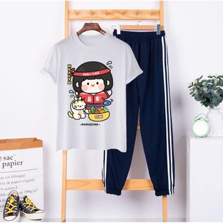 Sét Bộ Đồ Nữ Mặc Đi Chơi Dạo Phố Mùa Hè, Áo Phông Cotton In Thú Kéo Tai Kèm Quần Thun Bo Gấu Phong Cách Teen Hàn Quốc