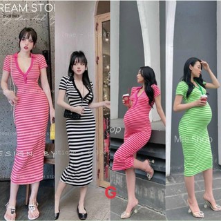 Đầm body gân cổ bẻ tay ngắn sọc ngang dáng dài hot
