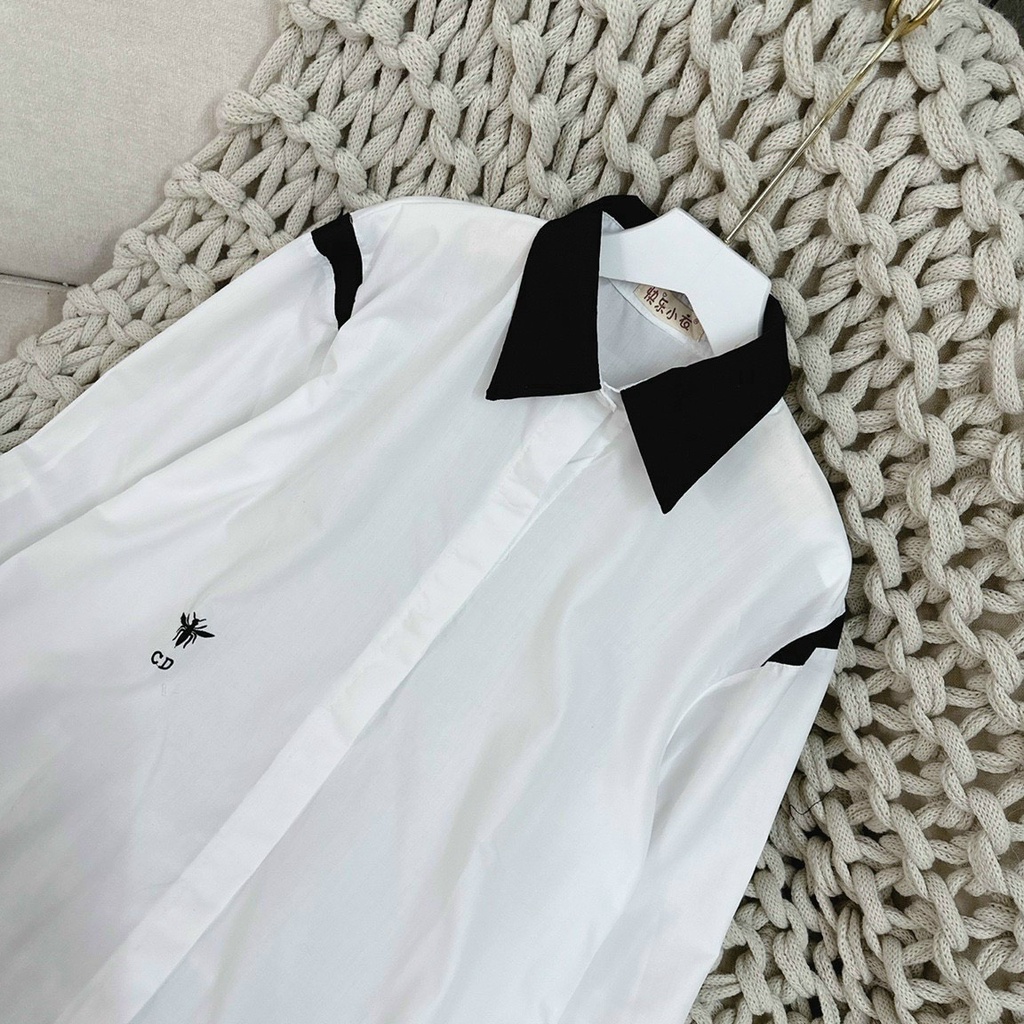 Sơ Mi Dài Tay CD Sọc Thêu Ong Chất Thô Nến Cổ Viền Đen Dáng Rộng  Đuôi Tôm Hàn Quốc