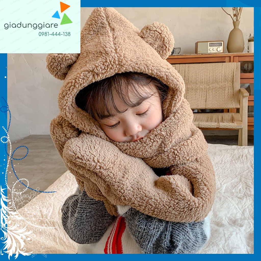 Mũ len trùm đầu tai gấu liền khăn cổ giữ ấm kèm găng tay chồng gió lạnh mùa đông hàng Quảng Châu T2