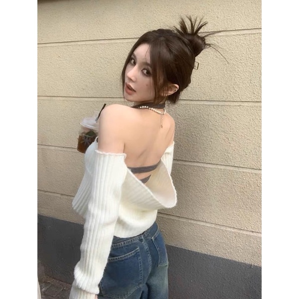 Áo len trễ vai hở lưng sexy quyến rũ (Ảnh thật)