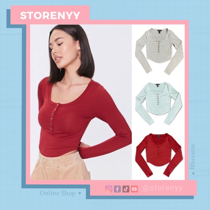 Áo thun croptop cổ tròn tay dài vạt bầu nút trước • Storenyy