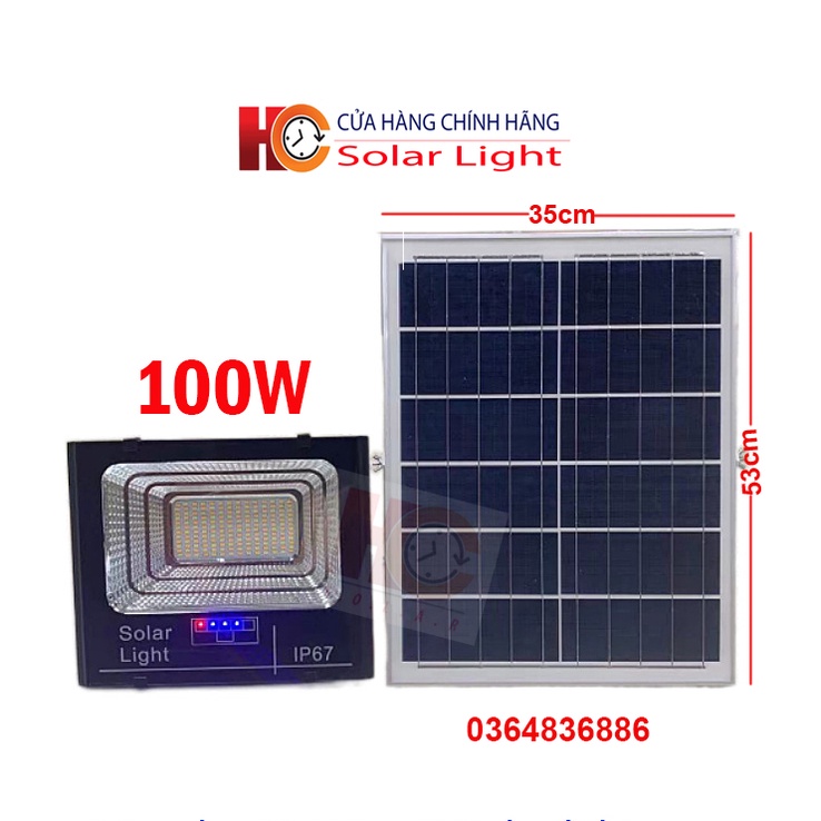 Đèn pha năng lượng mặt trời HC SOLAR LIGHT 100W, Vỏ nhôm, Tấm pin NLMT rời, Ánh sáng trắng, Báo pin ngoài