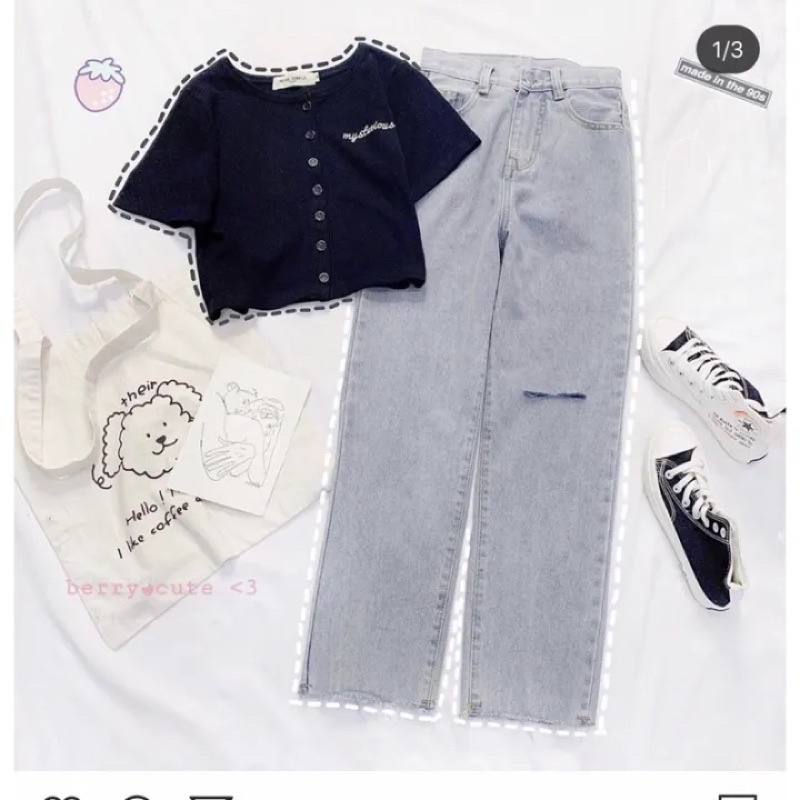 Set baggy jeans rách 1line + croptop gài nút thêu chữ