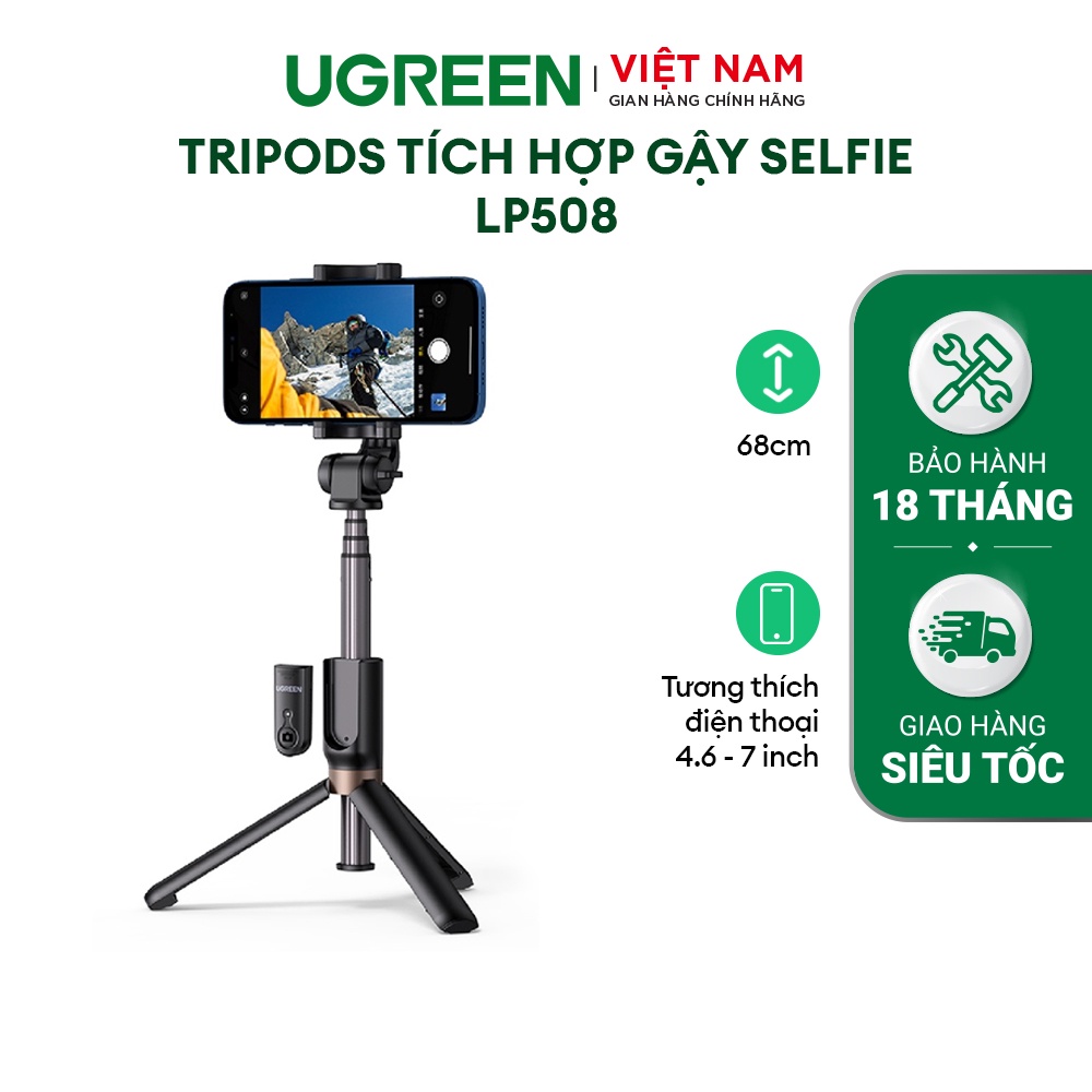 Tripods tích hợp gậy selfie UGREEN LP508 | Cao tối đa 68cm | Dùng được điện thoại 4.6 - 7inch| 50735 50758.