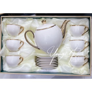 Bộ ấm chén sứ trắng viền vàng 