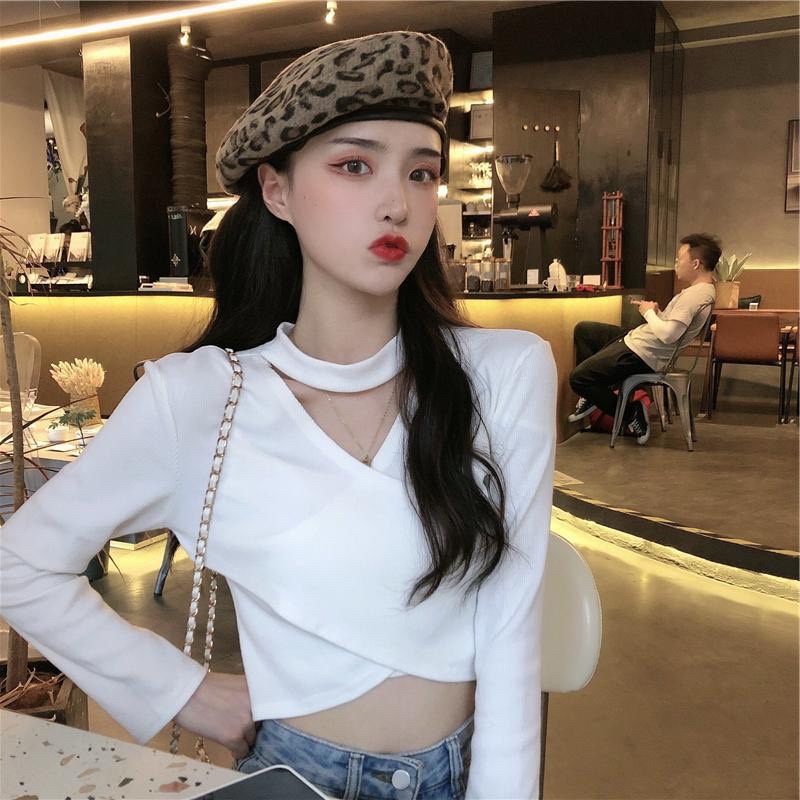 Áo croptop nữ tay dài phôi cổ choker vạt chéo