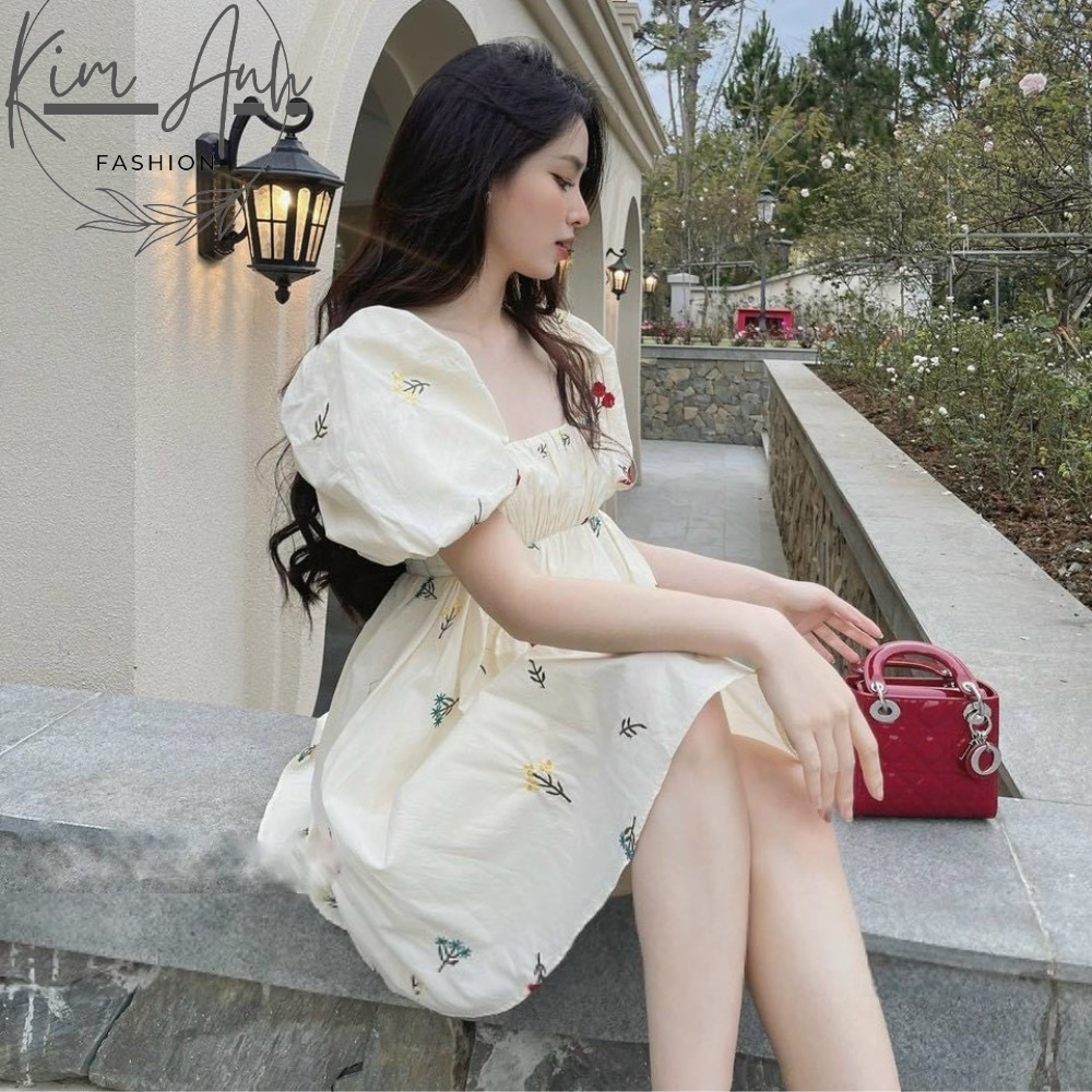 Váy babydoll - Váy hoa cổ vuông tay bồng tiểu thư dáng xoè Chất vải đũi tơ Quảng Châu mềm mát Kim Anh Fashion345