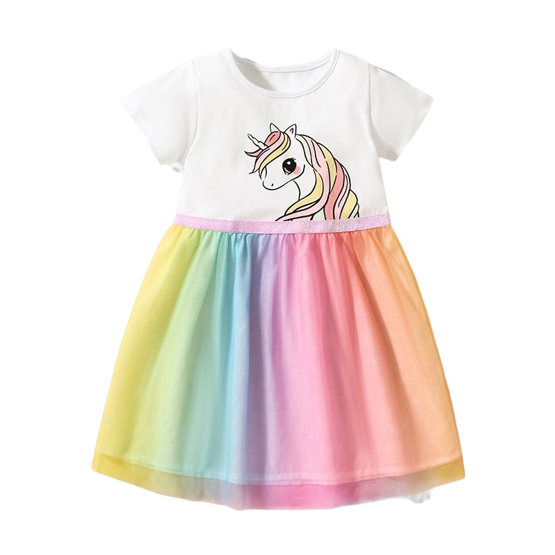 Váy Trắng Pony Cầu Vồng Phối Ren Cho Bé Gái 10-28kg