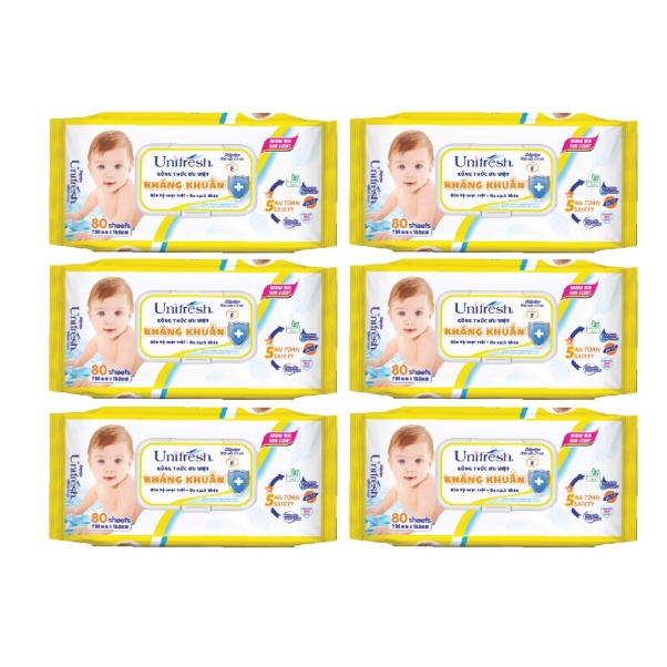 Combo 6 Khăn Ướt Unifresh Không Mùi Vitamin E 80M (80 Miếng)