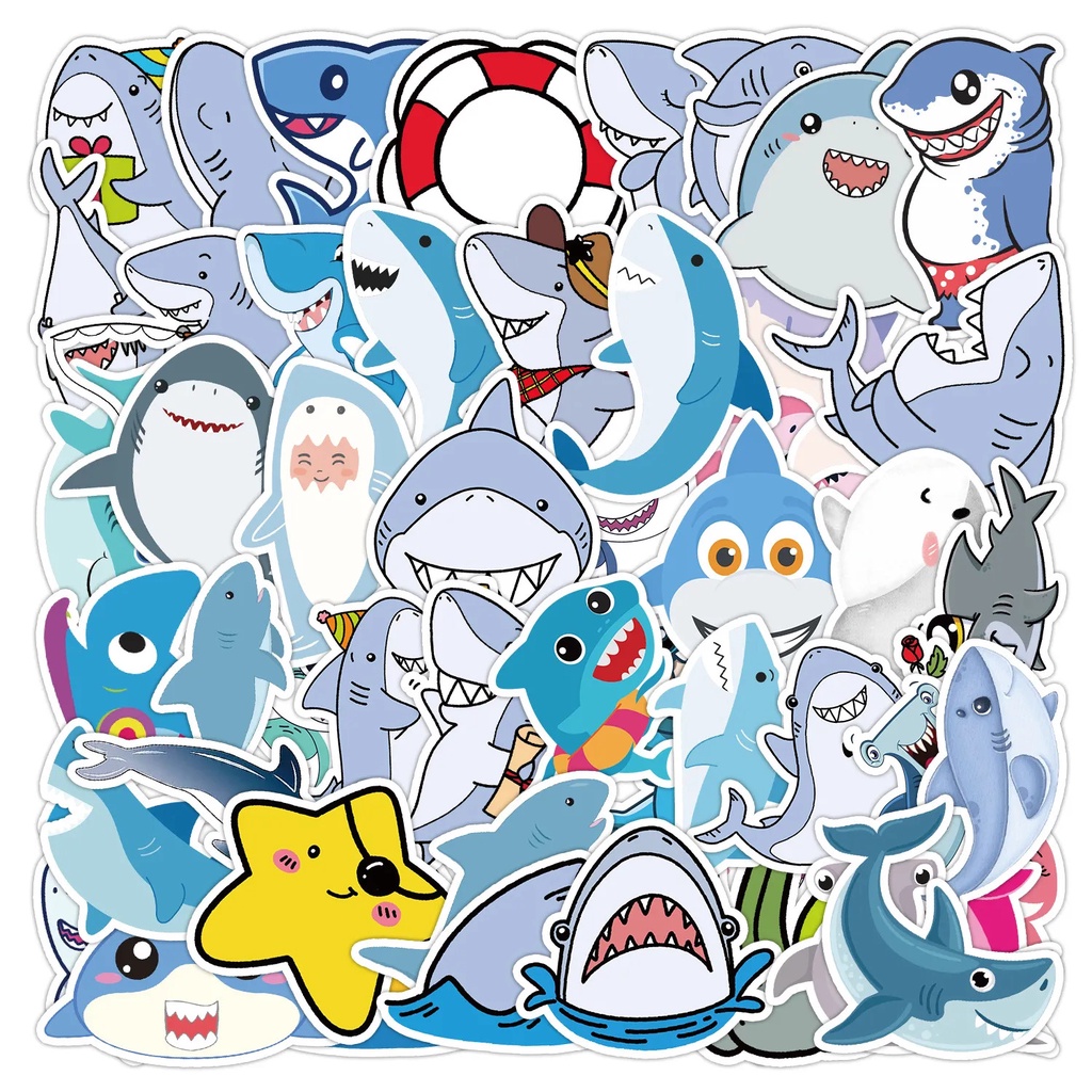 Set 50 Sticker chống nước hình Cá mập - Hình Dán Sticker Cắt Sẵn Trang Trí Bình Nước Mũ Bảo Hiểm, Điện Thoại, Laptop, Va