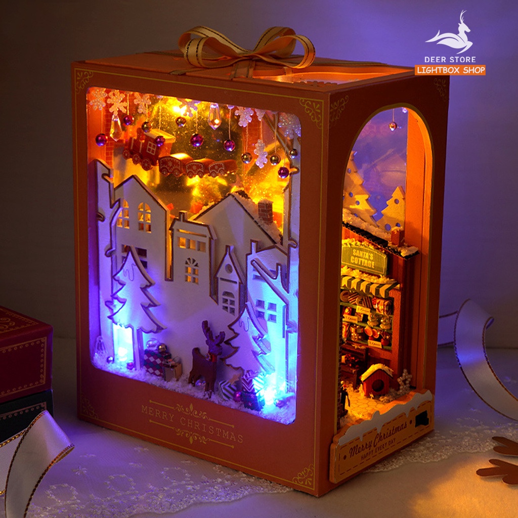 Mô hình Noel BOOK NOOK. Tăng KEO DÁN. Có đèn led. Nhà búp bê gỗ DIY Trang Trí Kệ sách. Quà tặng Noel ý Nghĩa TC38