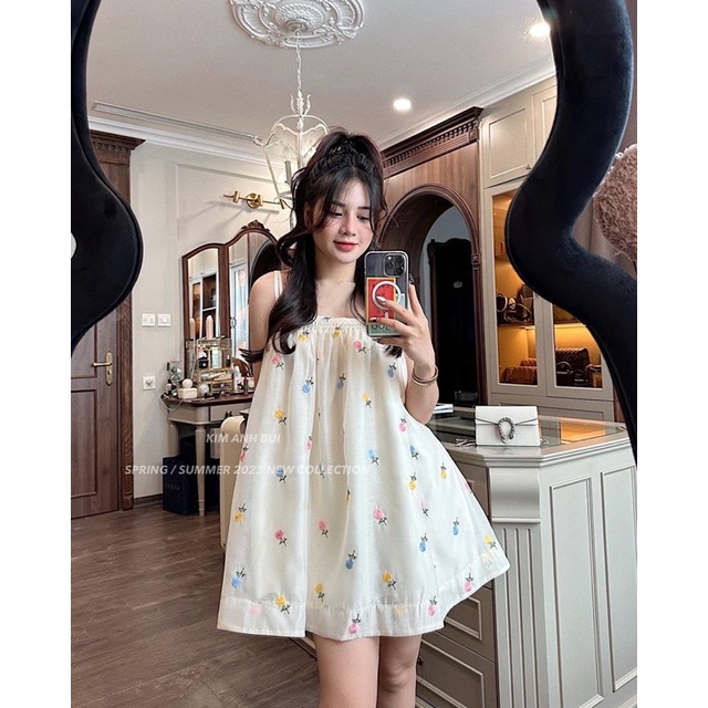 VÁY HAI DÂY DÁNG NGẮN XOÈ TO HOẠ TIẾT HOA NHÍ TRẺ TRUNG CHUẨN HÀNG KAB kim anh bùi