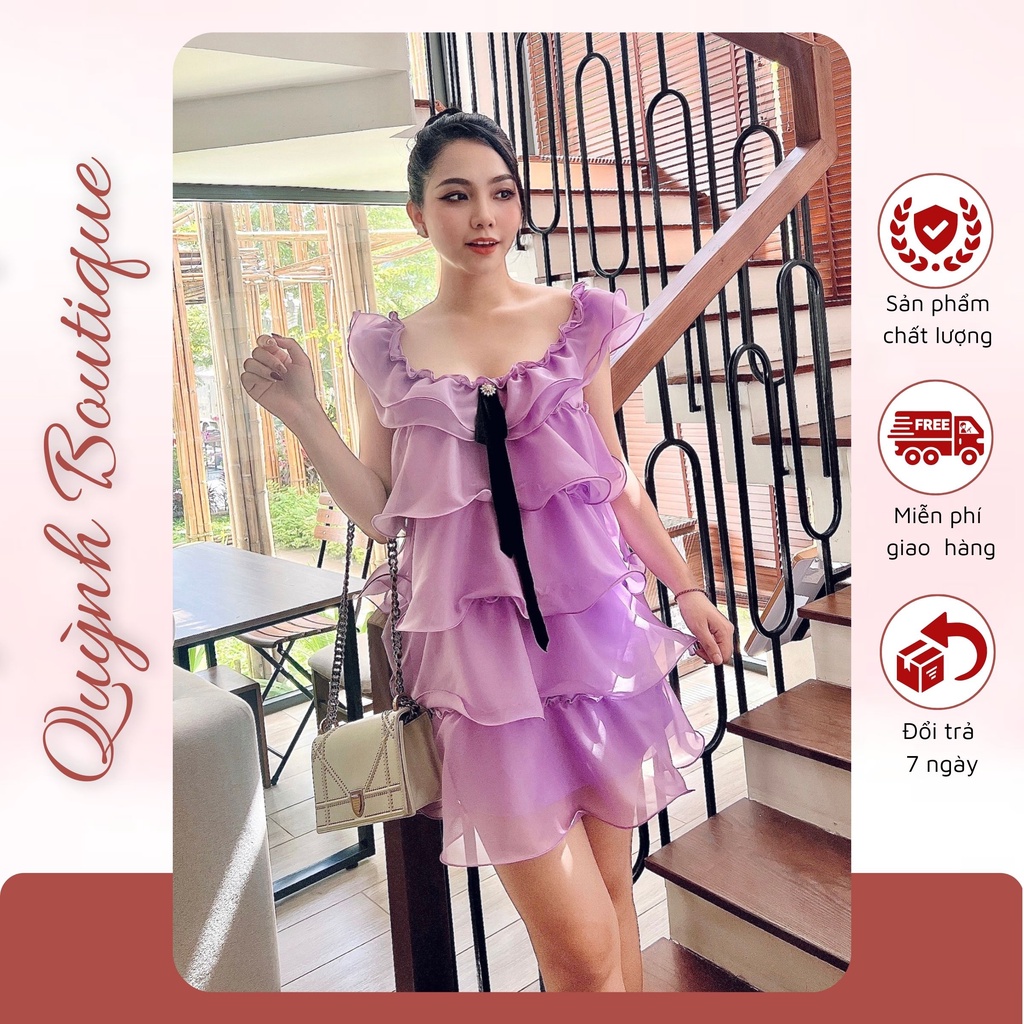 Váy Thiết Kế Cao Cấp 2 Lớp Có Mút Ngực Chất Tơ Dáng A Xòe QUỲNH BOUTIQUE - Đầm Bèo Tầng Thời Trang Phong Cách Tiểu Thư