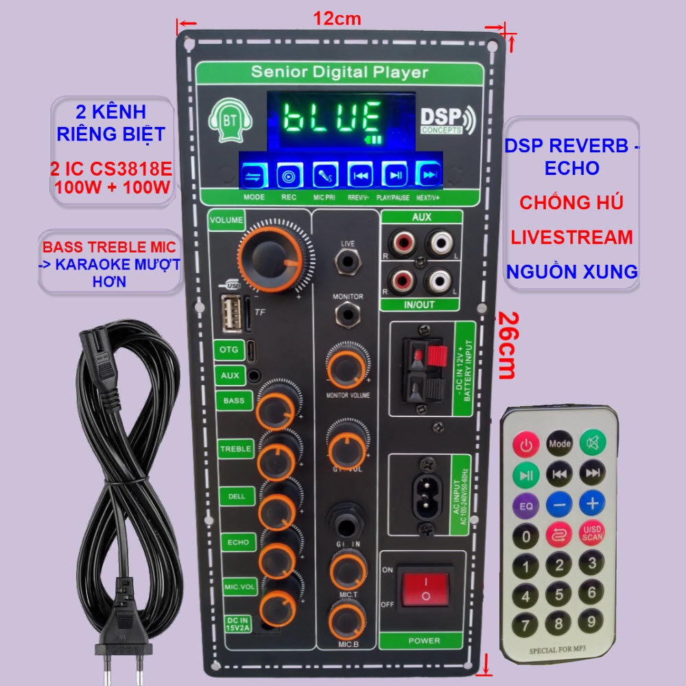 Mạch loa kéo 2 kênh OTG Livestream Chống hú DSP Reverb – Echo 2 IC CS3818E 100W + 100W – Loa kéo 3 tấc đôi