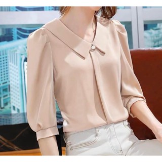 Áo Sơ Mi trung niên nữ HT official,Áo Nữ Tay Lỡ Cổ Chéo Vải Lụa Đơn Giản