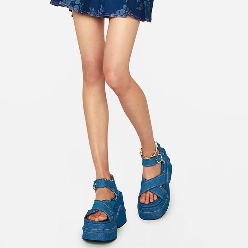Giày Sandal đế cao 10cm chất liệu Jeans cá tính cao cấp