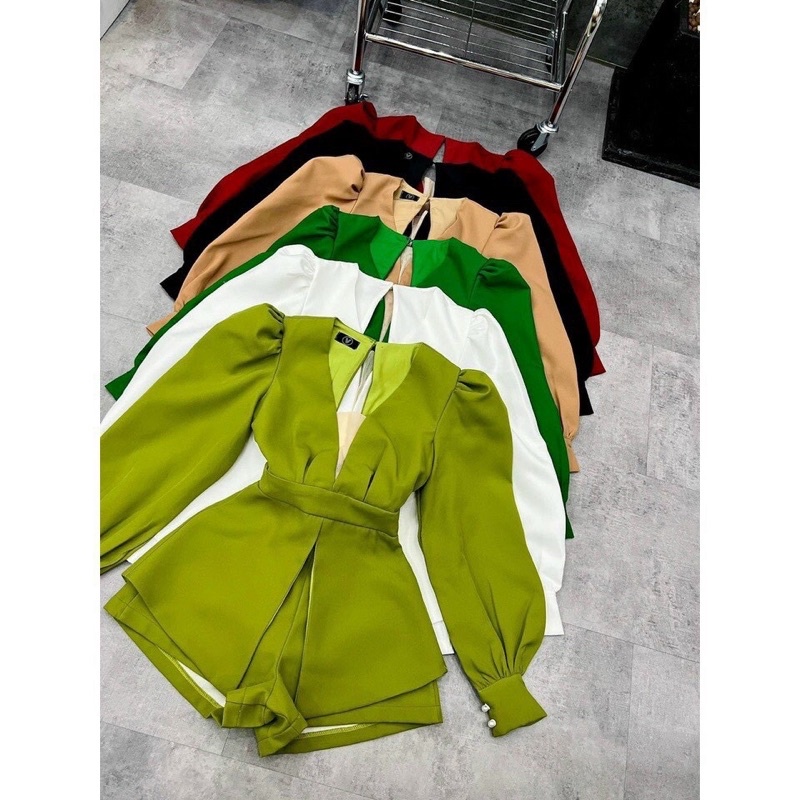 Jumsuit Body Nhấn Eo Cổ V Phối Lưới Kèm Quần Màu Sang Chảnh