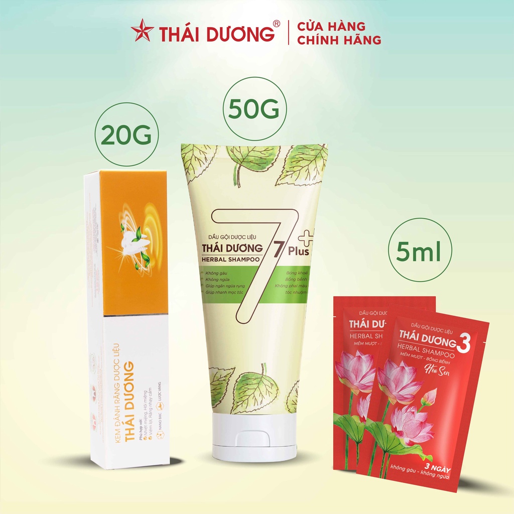 Bộ sản phẩm Dầu gội Thái Dương 7 plus 50g, Kem đánh răng Thái Dương 20g và Dầu gội Hoa sen gói - Sao Thái Dương