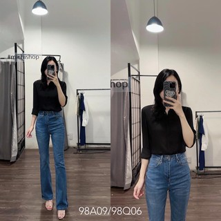 Quần jean loe cạp cao màu xanh xuất dư - 98Q06