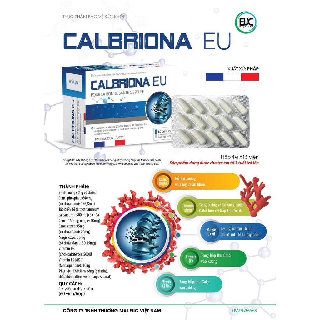 Viên uống Calbriona EU -Hỗ trợ bổ sung caxi, phòng loãng xương(Hộp 60 Viên).