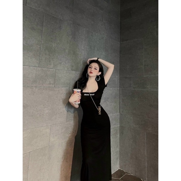 Váy body cổ vuông miu miu - Đầm ôm body thun gân cổ u miu miu