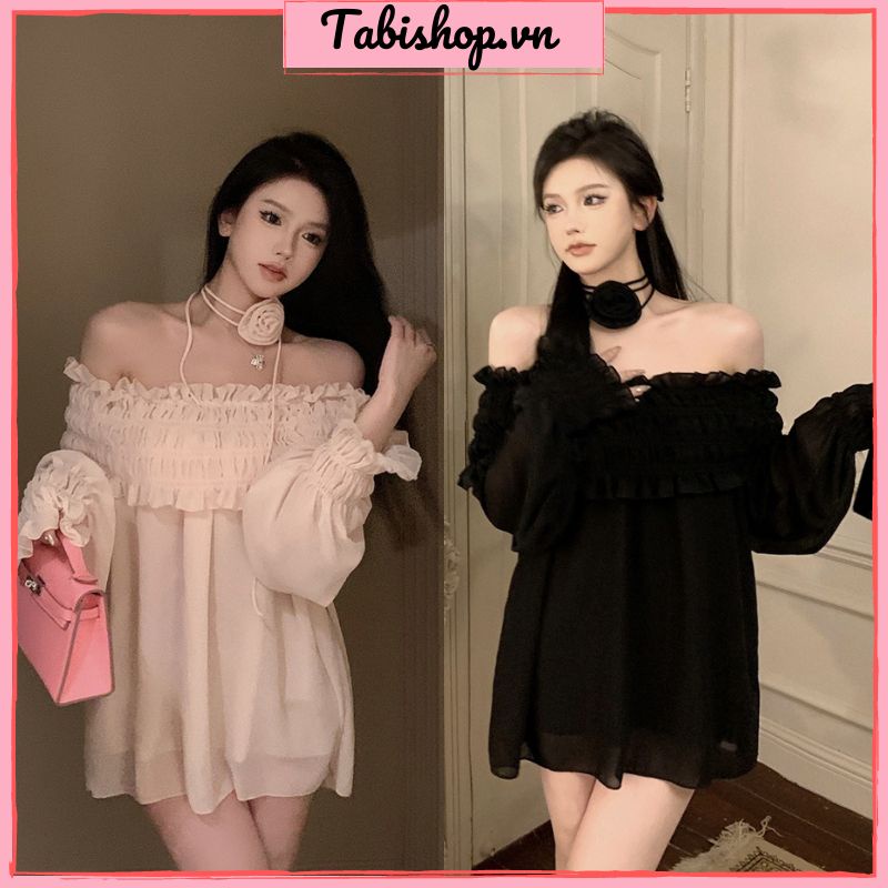 Áo trễ vai tay dài phối dây cổ đính hoa vải voan TABISHOP Áo đầm kiểu form rộng giấu quần phong cách bánh bèo Hàn Quốc