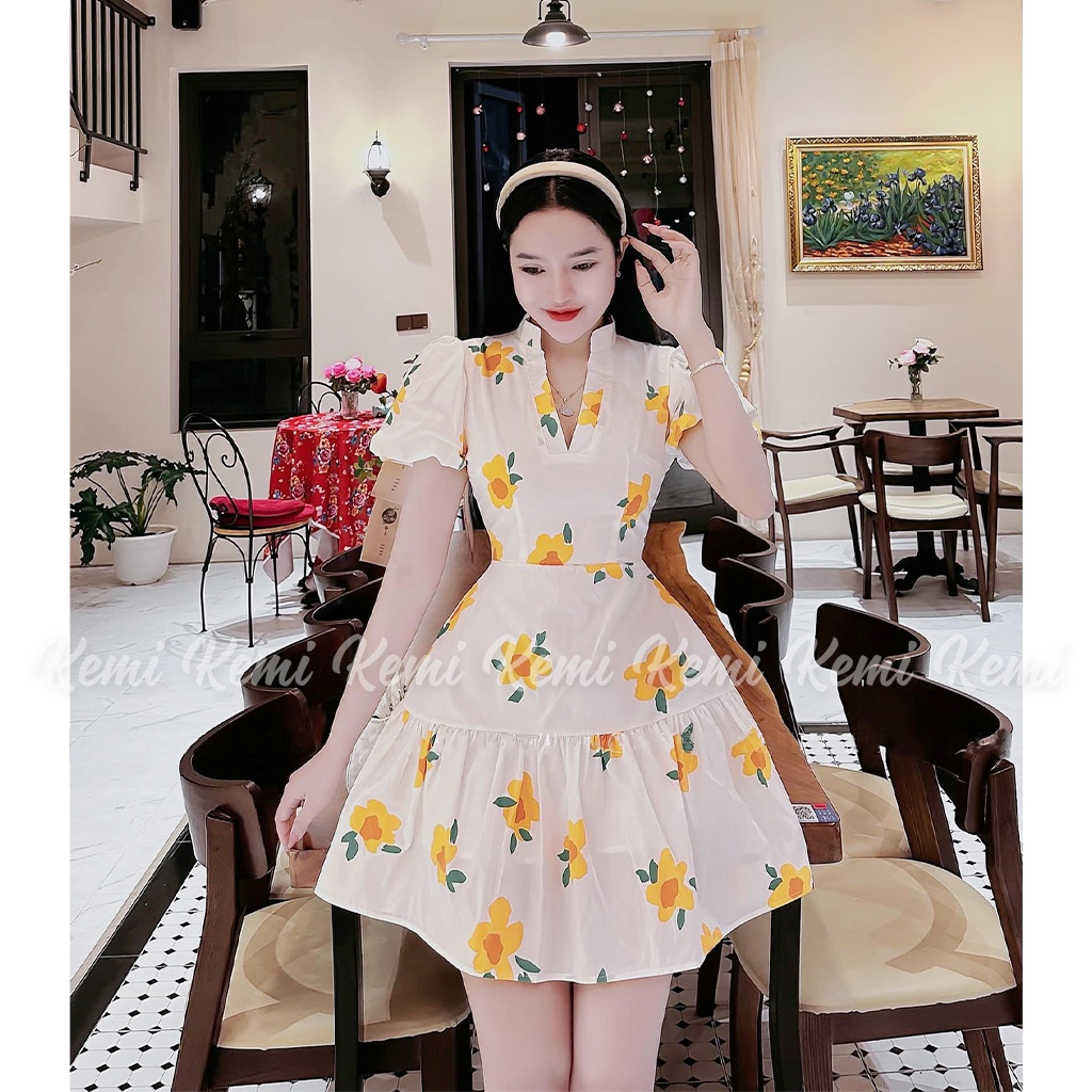 Váy trắng cổ V tay bồng hoa nhí eo thon đầm nữ dáng xòe Kemi