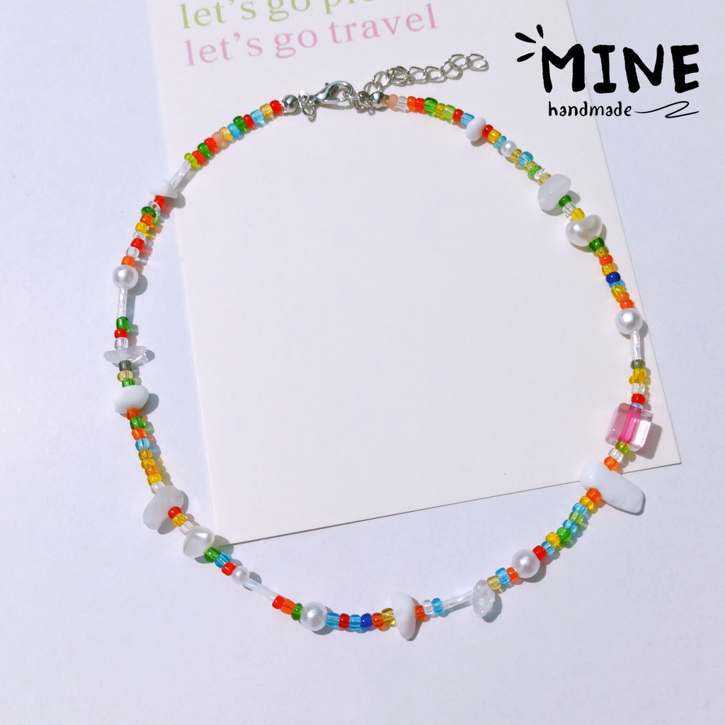 Dây chuyền hạt cườm trong suốt nhiều màu mix đá sỏi trắng Vòng cổ thời trang Hàn Quốc Minehandmade