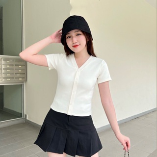 Áo thun nữ gân tay ngắn cổ tim MADELA bigsize dáng ôm, áo cổ tim ngắn tay chất thun tăm dày dặn