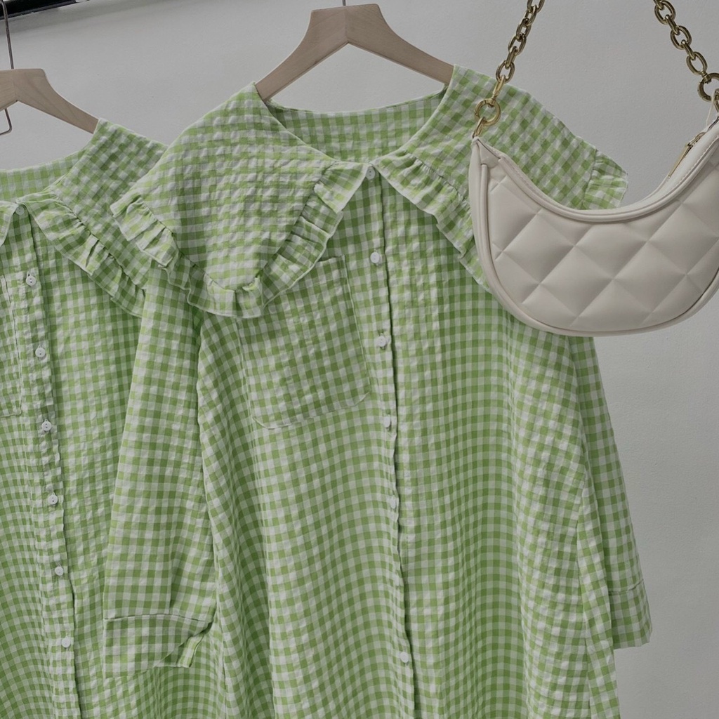 Đầm caro xanh cổ sen siêu hot