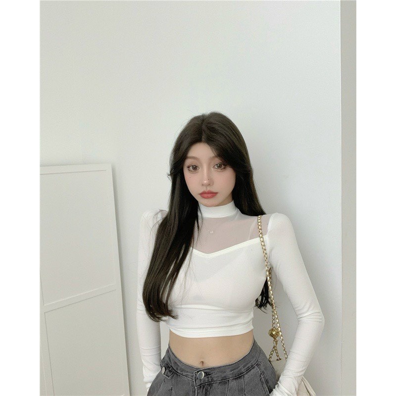 Áo kiểu tay dài phối lưới trên ngực hình tim kiểu dáng croptop cực cá tính , chất thun bozip mềm mát