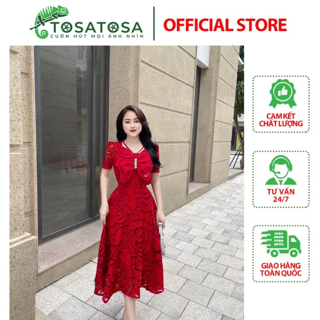 Váy Ren Xòe Hoa Hồng Đính Trước Ngực Độc Đáo - Tosatosa