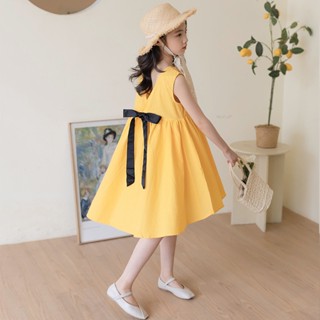 Váy hè bé gái lớn vàng nơ sau đẹp. Size đại đầm trẻ em 5, 6, 7, 8, 10, 11, 12 , 13, 14 tuổi