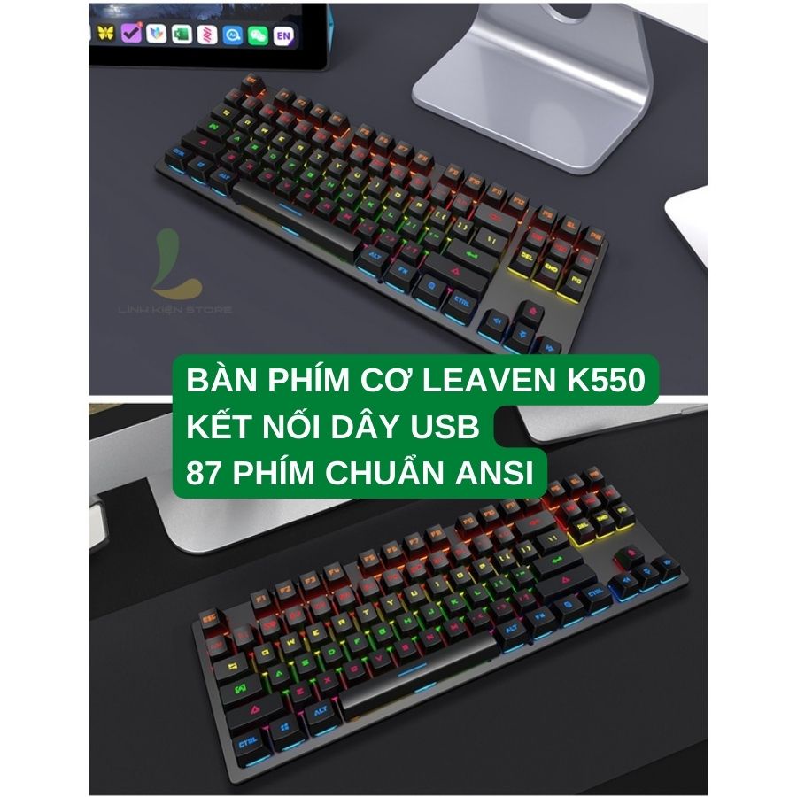 Bàn phím cơ gaming HOSAN K550 Blue Switch kết nối có dây công thái học 87 phím LED Rainbow, chống nước và bụi bẩn