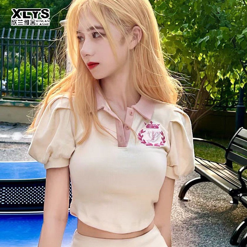 Áo croptop XINLANYASHE tay ngắn cổ polo phong cách Hàn Quốc 2023 cho nữ