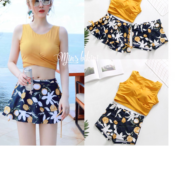 (SI TUYỂN) ộ Đồ Bơi Nữ Bikini Đi Tắm Biển Set 3 Mảnh Áo Croptop Quần Đùi và Chân Váy Hoa
